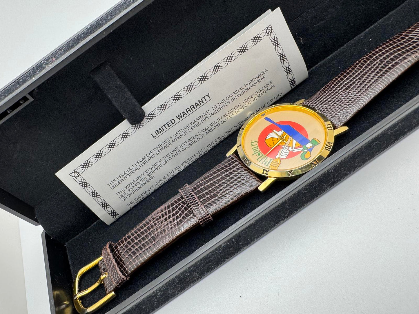 Vintage Pillsbury Promo Watch 33mm Gold Case Japan Quartz Brown Leather Band
