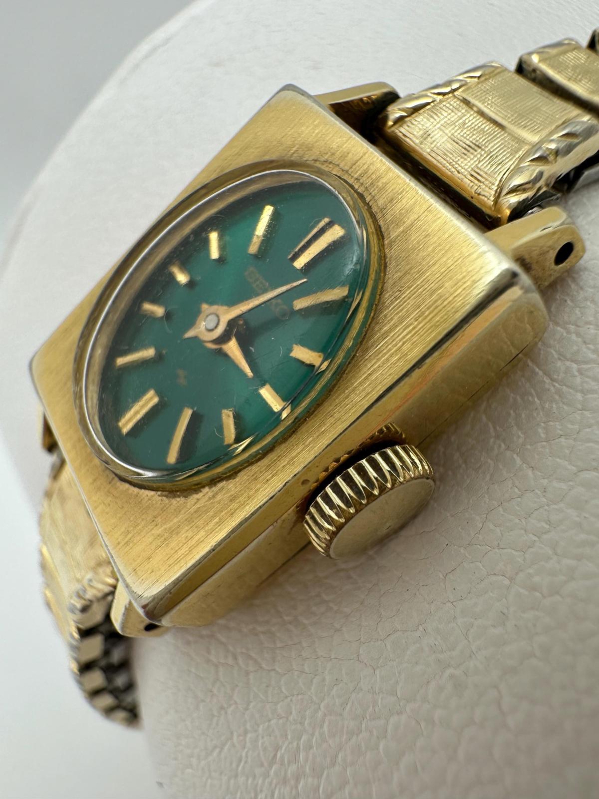 1970s Seiko Ladies 14mm Mechanical Watch Green Dial Gold Case Manual Wind Works