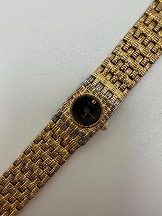 80s-90s Seiko Quartz 1E20 Women’s Gold Bracelet Watch Black Dial New Battery