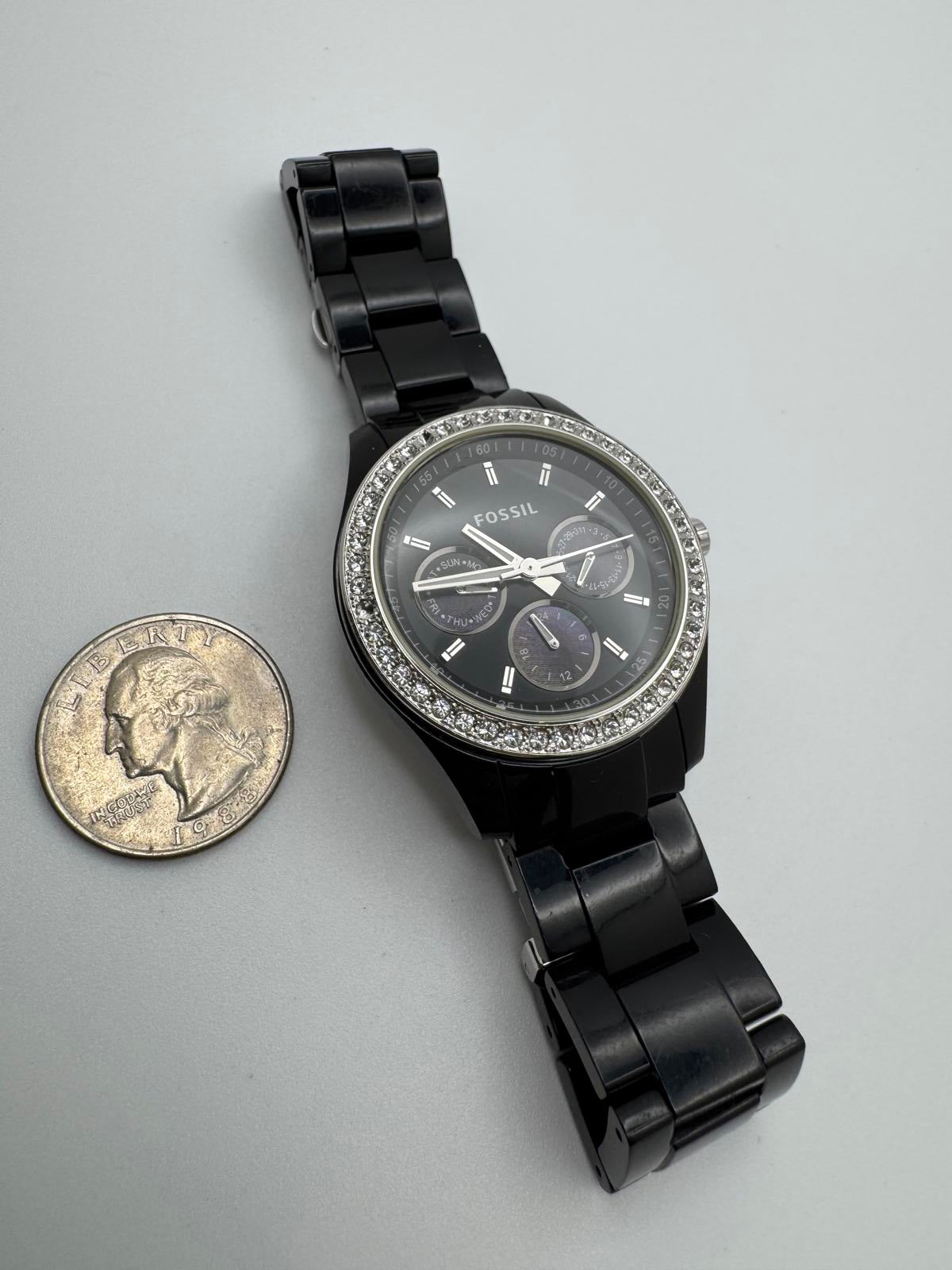 Fossil Black Multifunction Watch with Crystal Bezel – 37mm Quartz