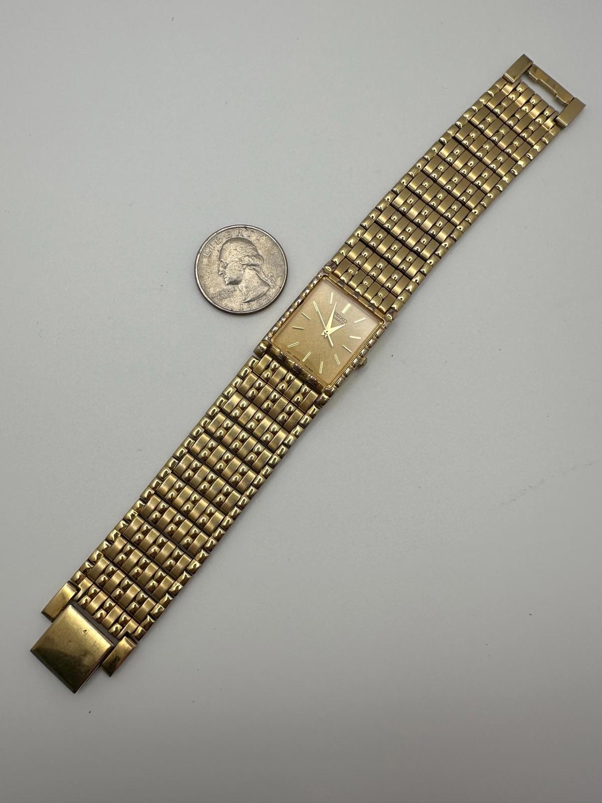 Vintage Seiko Quartz Gold Tone Tank Watch – Rectangular Case, 24mm, Fresh Battery, 7N01