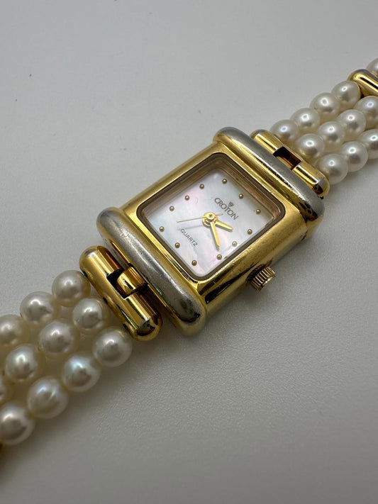 Vintage Croton Women’s Quartz Watch – Mother of Pearl Dial, Gold & Silver Two-Tone Case, Triple-Strand Faux Pearl Bracelet