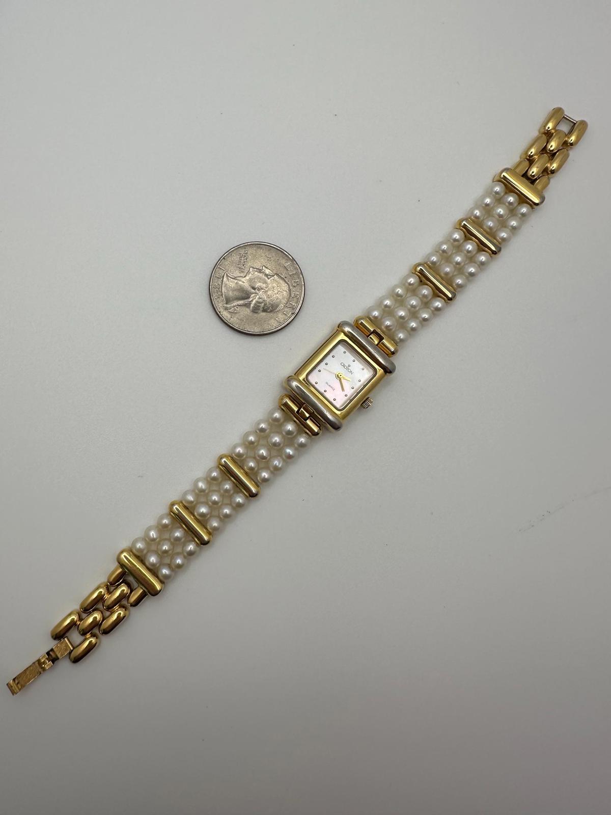 Vintage Croton Women’s Quartz Watch – Mother of Pearl Dial, Gold & Silver Two-Tone Case, Triple-Strand Faux Pearl Bracelet