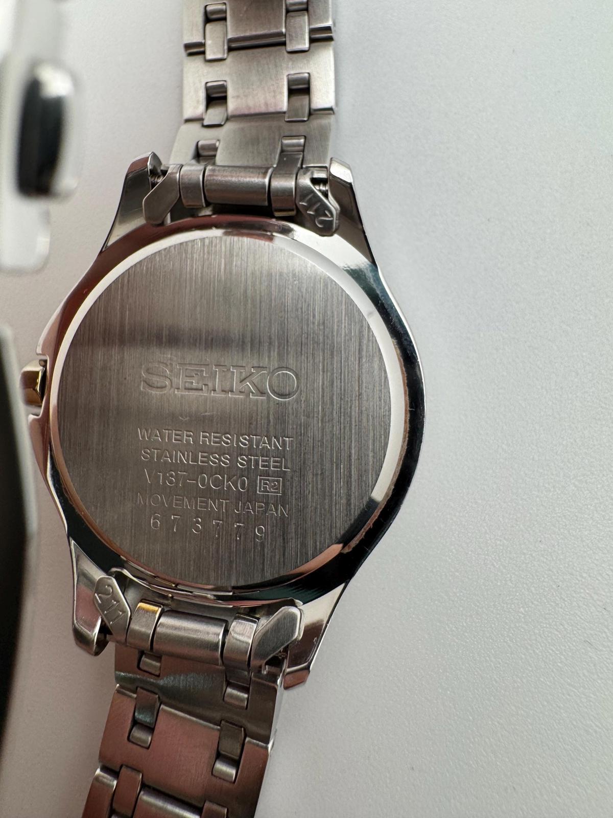 Seiko Women’s Solar Watch – Two-Tone Stainless Steel with Mother of Pearl & Crystal Bezel – 28mm