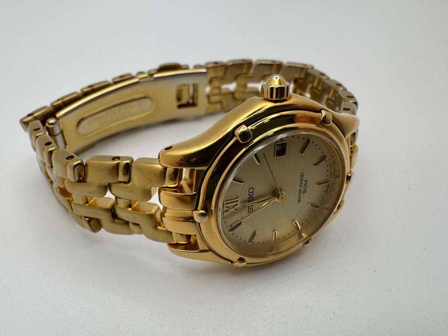 Seiko Women’s Gold Tone Quartz Watch – 24mm Date, Champagne Dial, Fresh Battery