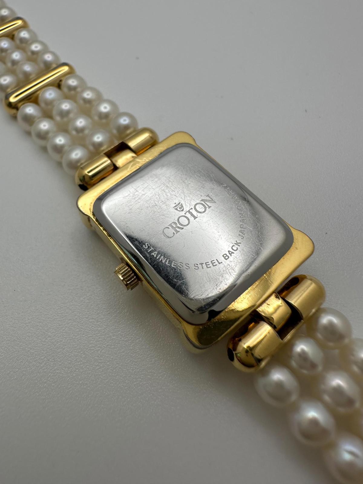 Vintage Croton Women’s Quartz Watch – Mother of Pearl Dial, Gold & Silver Two-Tone Case, Triple-Strand Faux Pearl Bracelet
