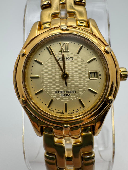 Seiko Women’s Gold Tone Quartz Watch – 24mm Date, Champagne Dial, Fresh Battery