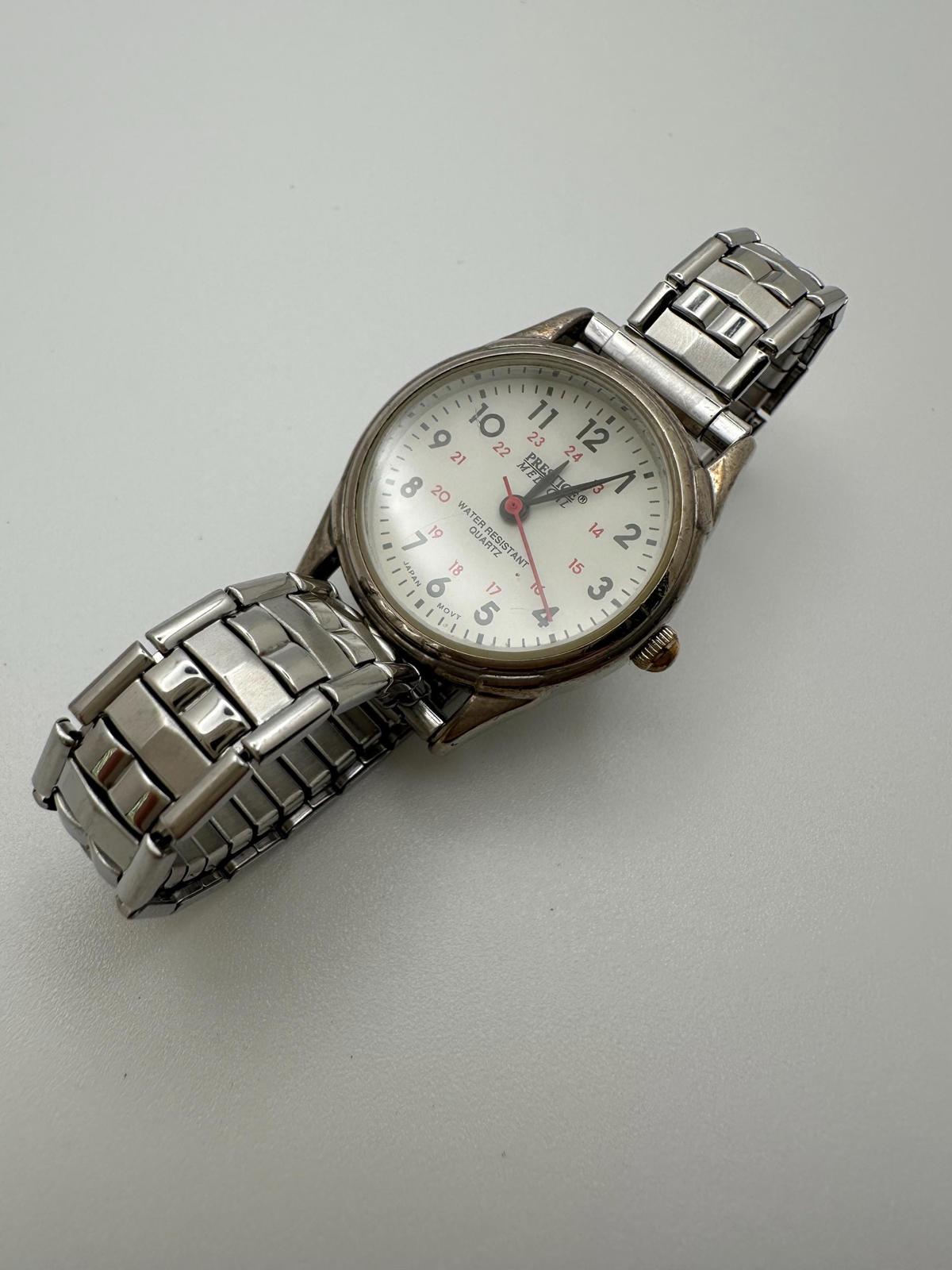 Vintage Prestige Medical Quartz Watch 25.5mm White Dial Steel Stretch Band Japan