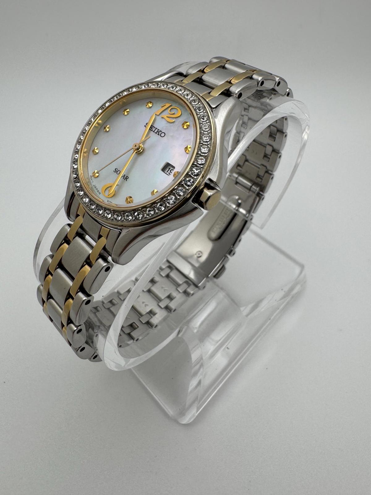 Seiko Women’s Solar Watch – Two-Tone Stainless Steel with Mother of Pearl & Crystal Bezel – 28mm