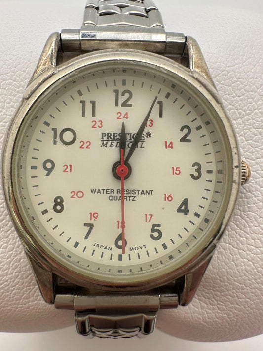 Vintage Prestige Medical Quartz Watch 25.5mm White Dial Steel Stretch Band Japan