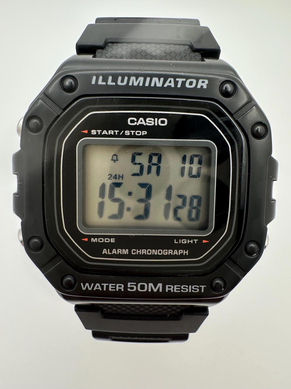 Casio Illuminator Digital Watch – Model 3224 W-218H – Black Resin Strap, 50M Water Resistant, Alarm & Chronograph