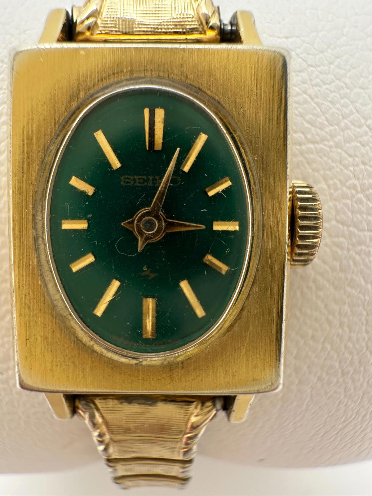 1970s Seiko Ladies 14mm Mechanical Watch Green Dial Gold Case Manual Wind Works