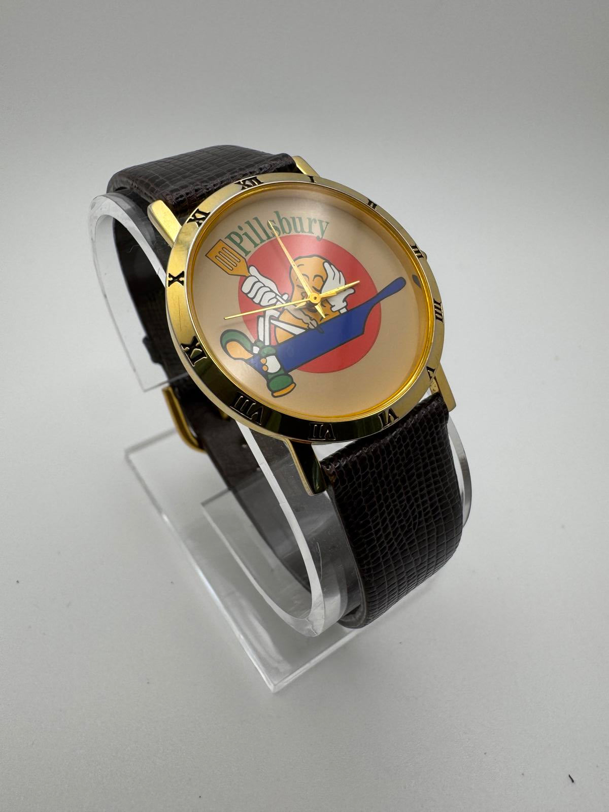 Vintage Pillsbury Promo Watch 33mm Gold Case Japan Quartz Brown Leather Band
