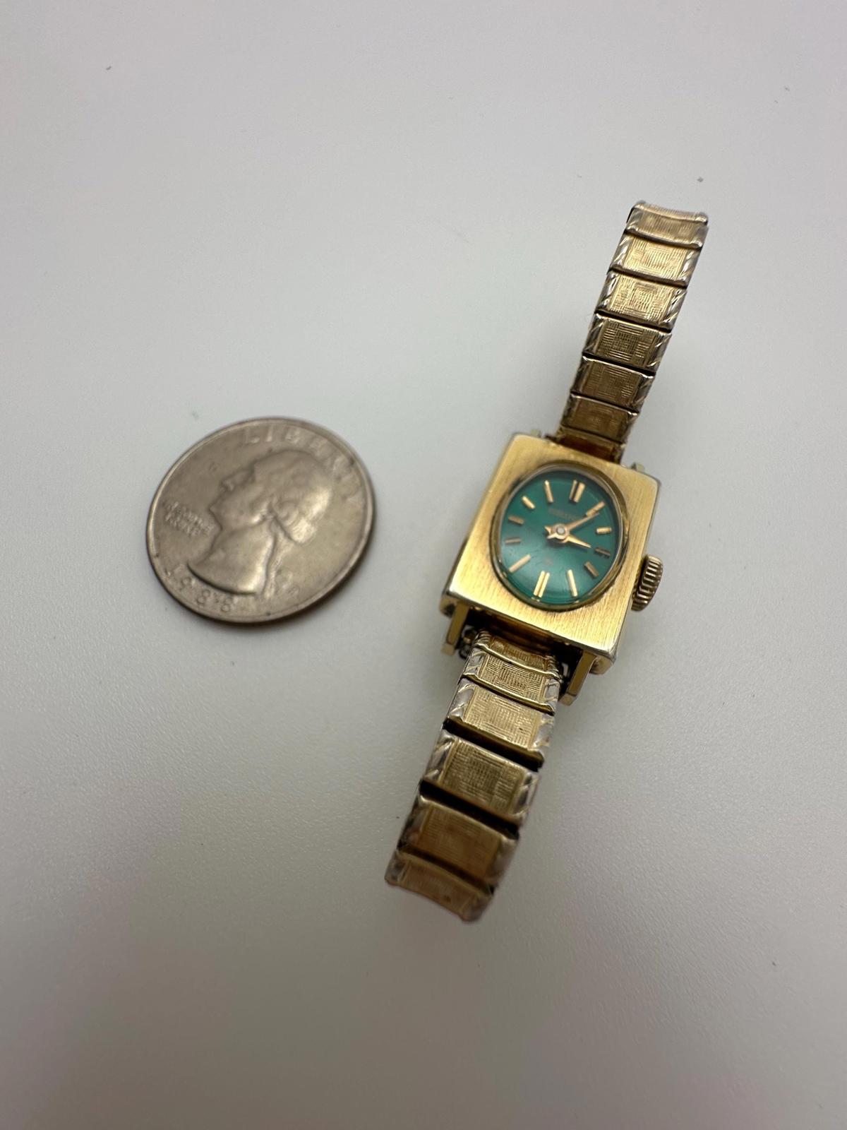 1970s Seiko Ladies 14mm Mechanical Watch Green Dial Gold Case Manual Wind Works