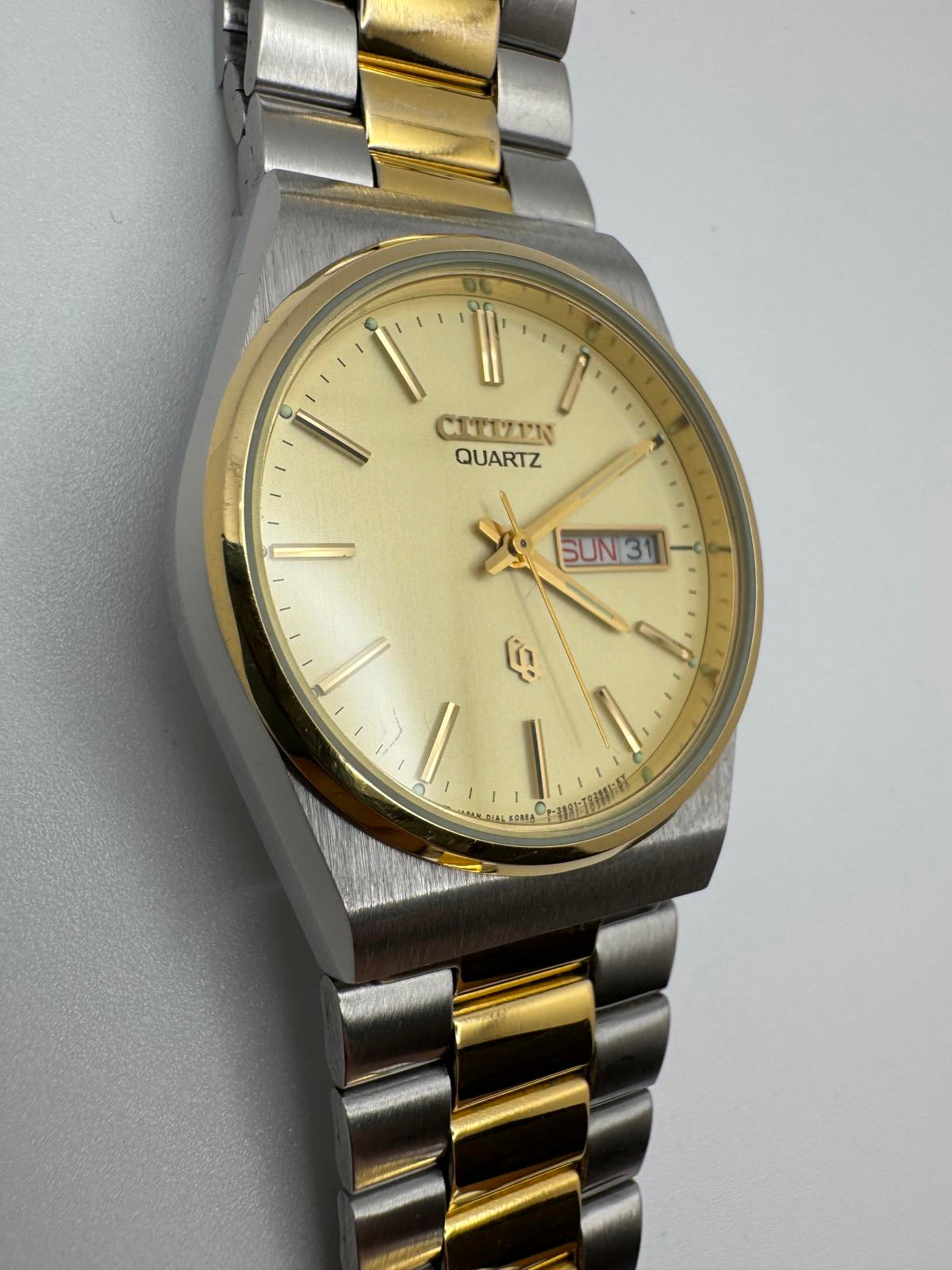 Vintage Citizen Quartz Men’s Watch – 33mm Two-Tone Gold Silver, Day-Date, 1980s