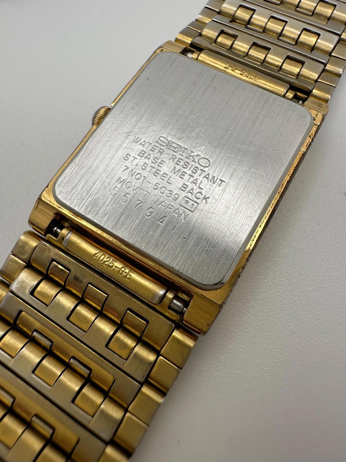 Vintage Seiko Quartz Gold Tone Tank Watch – Rectangular Case, 24mm, Fresh Battery, 7N01