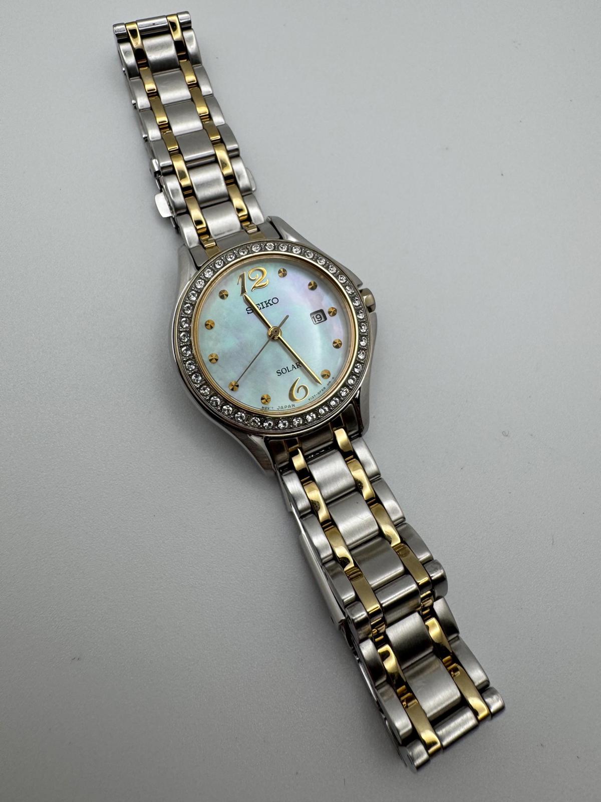 Seiko Women’s Solar Watch – Two-Tone Stainless Steel with Mother of Pearl & Crystal Bezel – 28mm