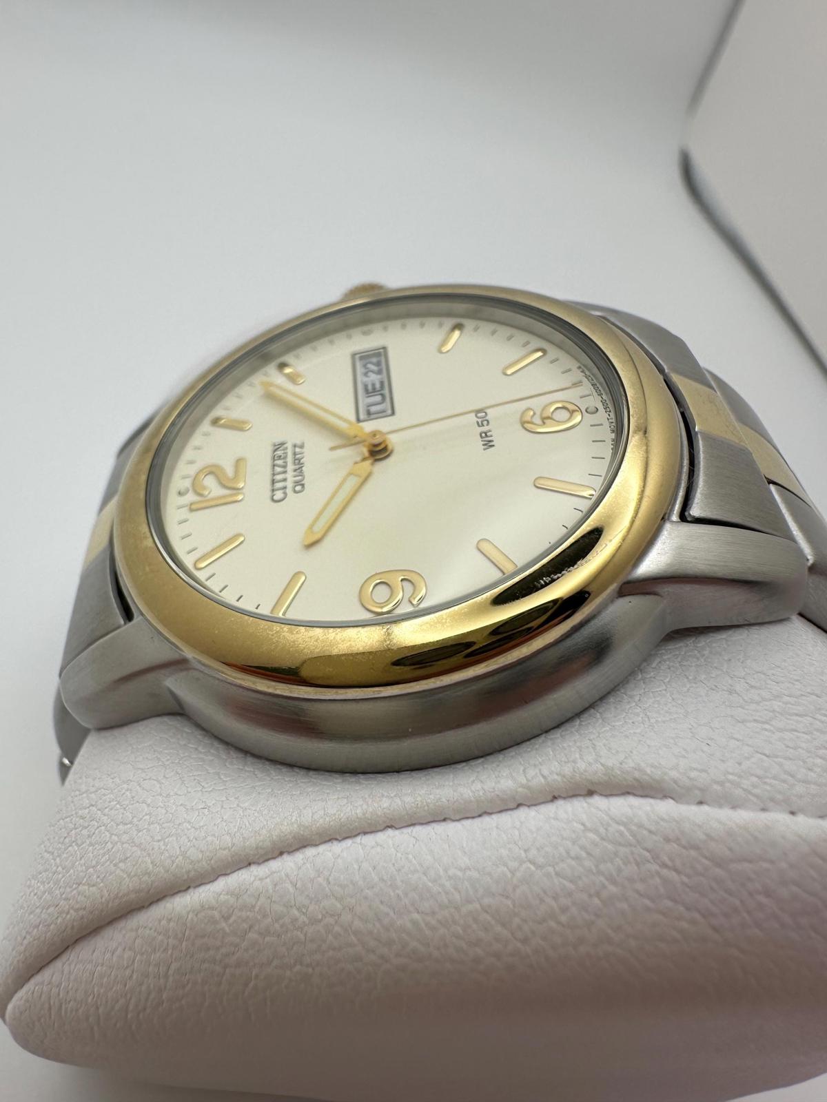 Mens Citizen Quartz 41mm Two-Tone Stainless Steel Watch Day-Date WR50 Japan