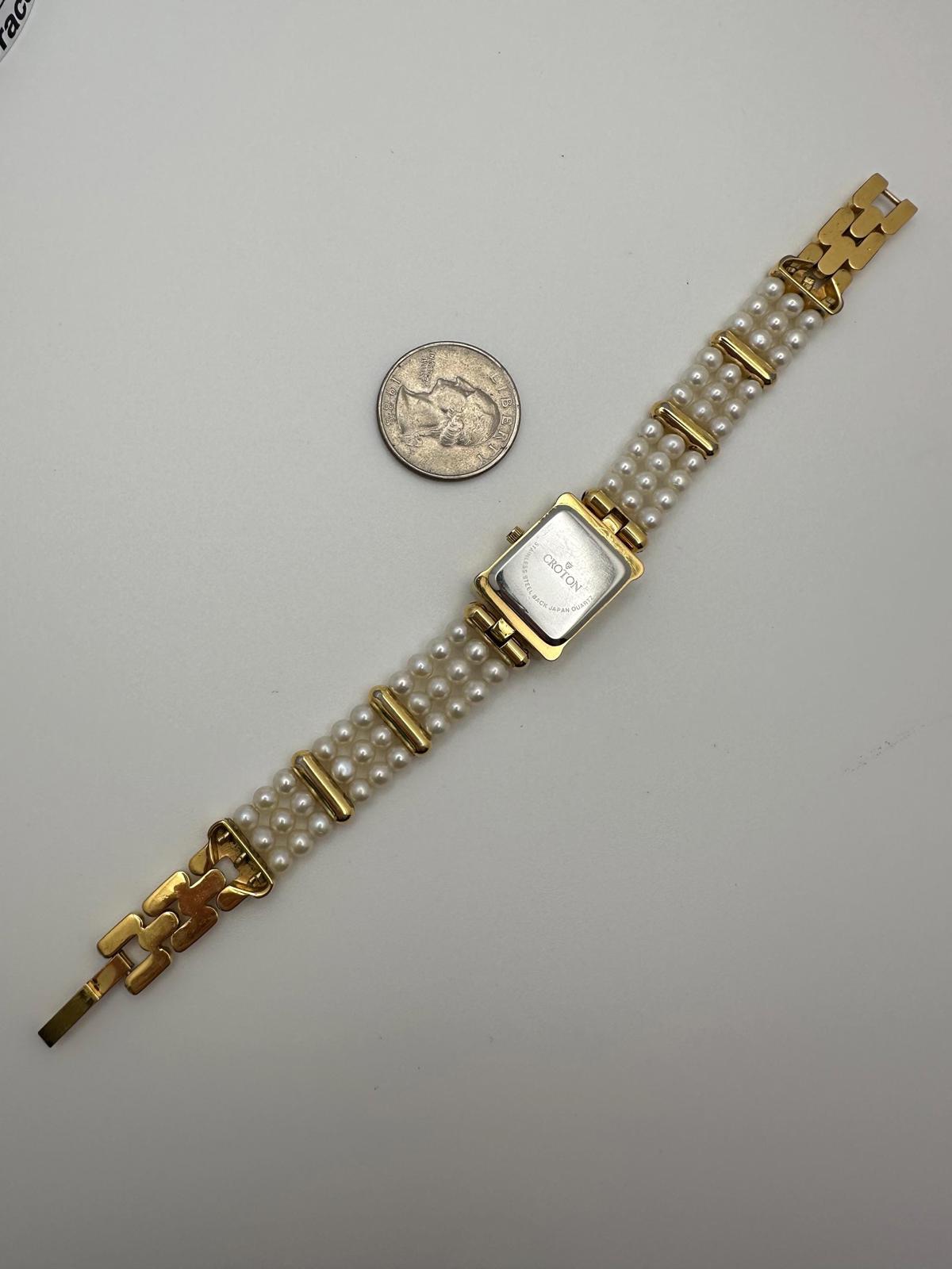 Vintage Croton Women’s Quartz Watch – Mother of Pearl Dial, Gold & Silver Two-Tone Case, Triple-Strand Faux Pearl Bracelet