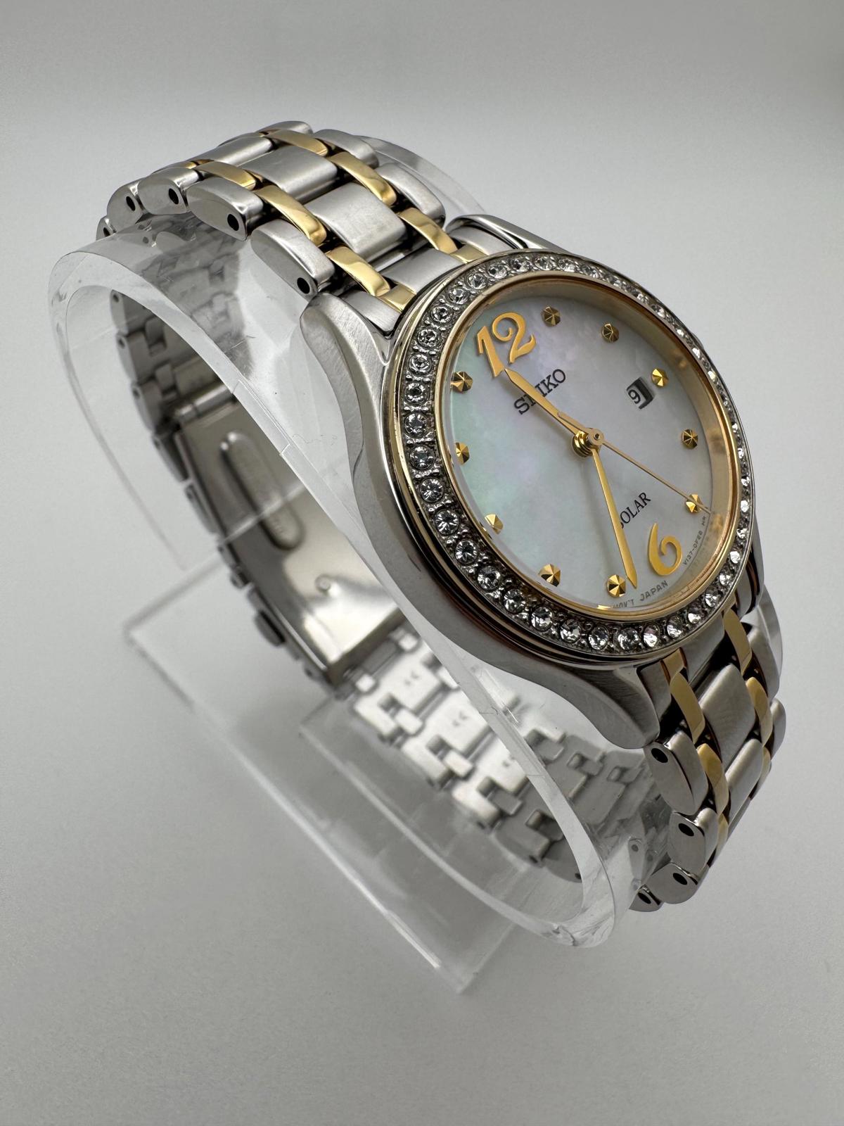 Seiko Women’s Solar Watch – Two-Tone Stainless Steel with Mother of Pearl & Crystal Bezel – 28mm