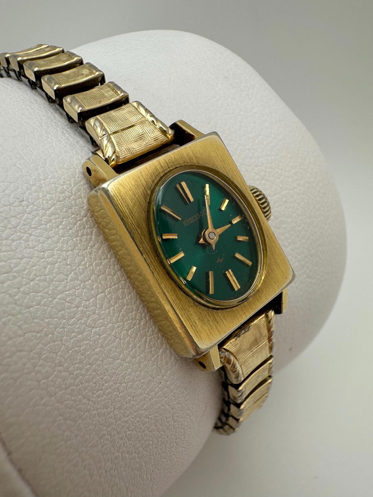 1970s Seiko Ladies 14mm Mechanical Watch Green Dial Gold Case Manual Wind Works