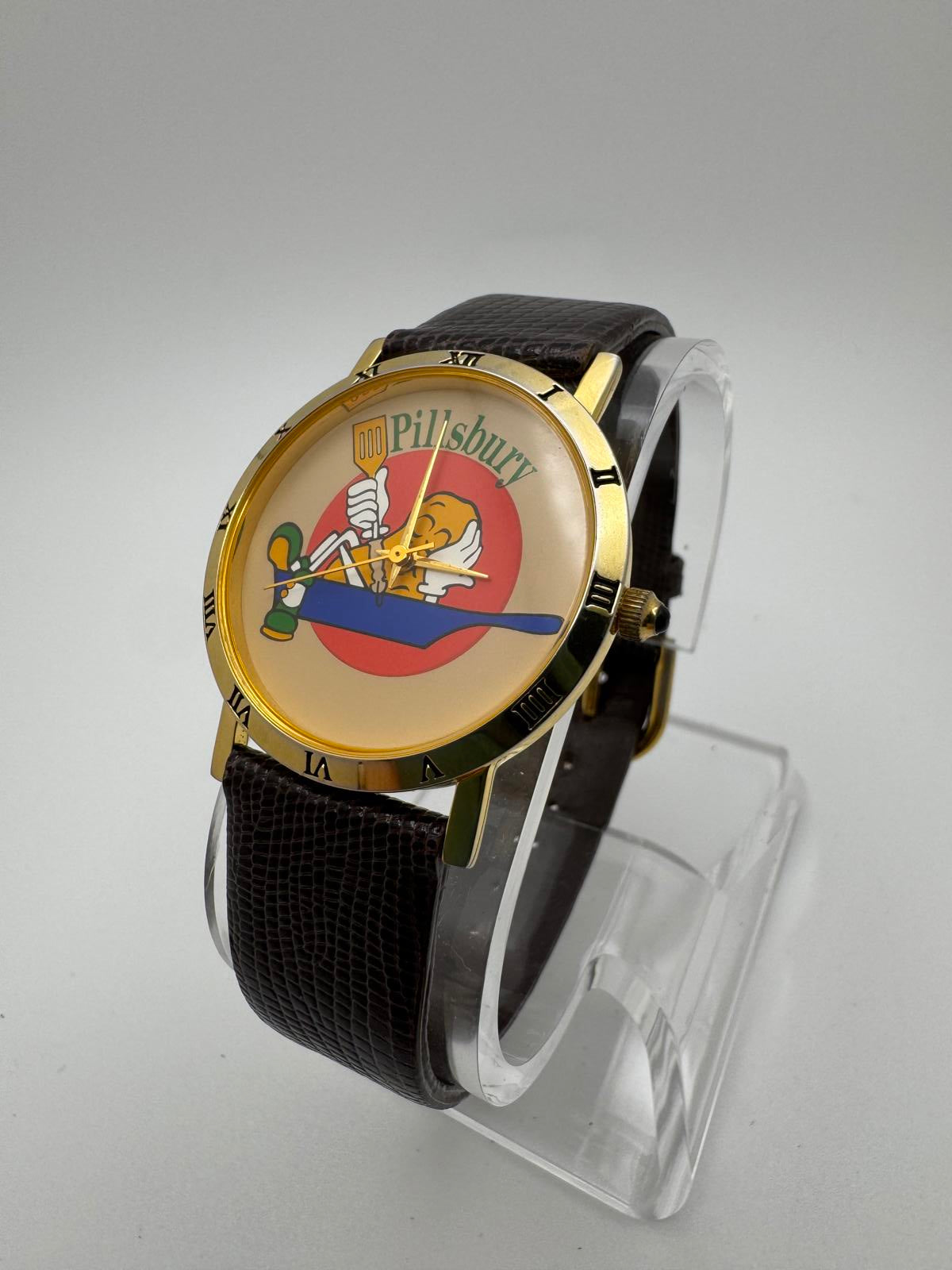Vintage Pillsbury Promo Watch 33mm Gold Case Japan Quartz Brown Leather Band