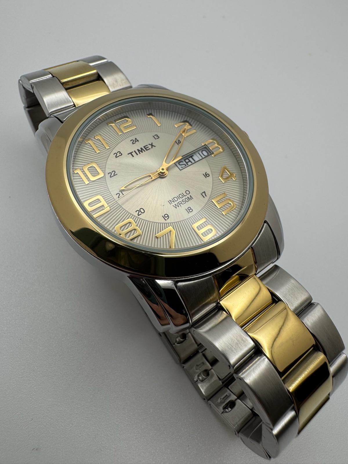 Timex Two-Tone Watch | 39mm, Indiglo, Day-Date, New Battery