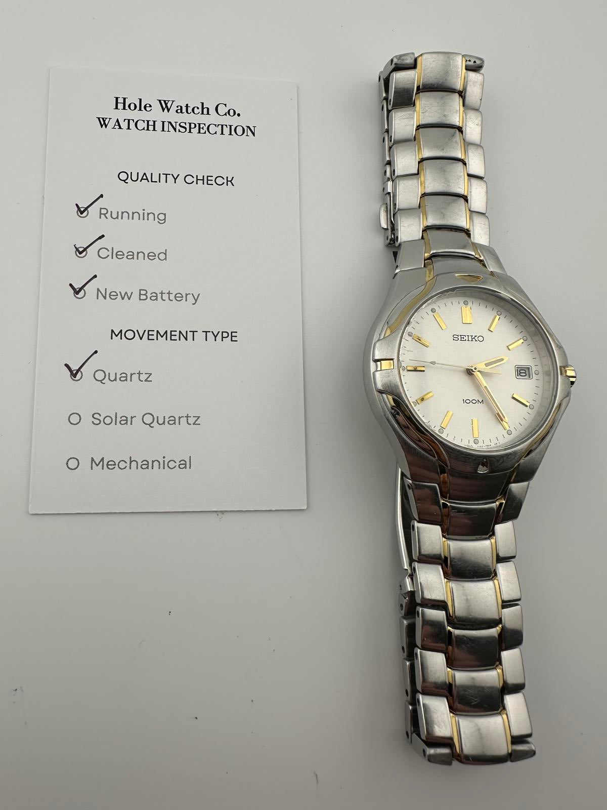 Seiko 100M Quartz Watch 40mm Two Tone Silver Gold Date Men Vintage 7N42 7000