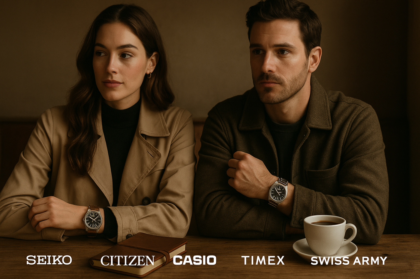 A cinematic banner image showing a stylish man and woman wearing vintage and modern watches in a timeless setting — a wooden table with a leather journal, coffee cup, and soft natural light. Feature watches from Seiko, Citizen, Casio, Timex, and Swiss Army. The mood is authentic, warm, and aspirational, blending rugged vintage character with everyday wearability. Professional, minimal, and brand-worthy — ideal for the homepage of an online watch shop.