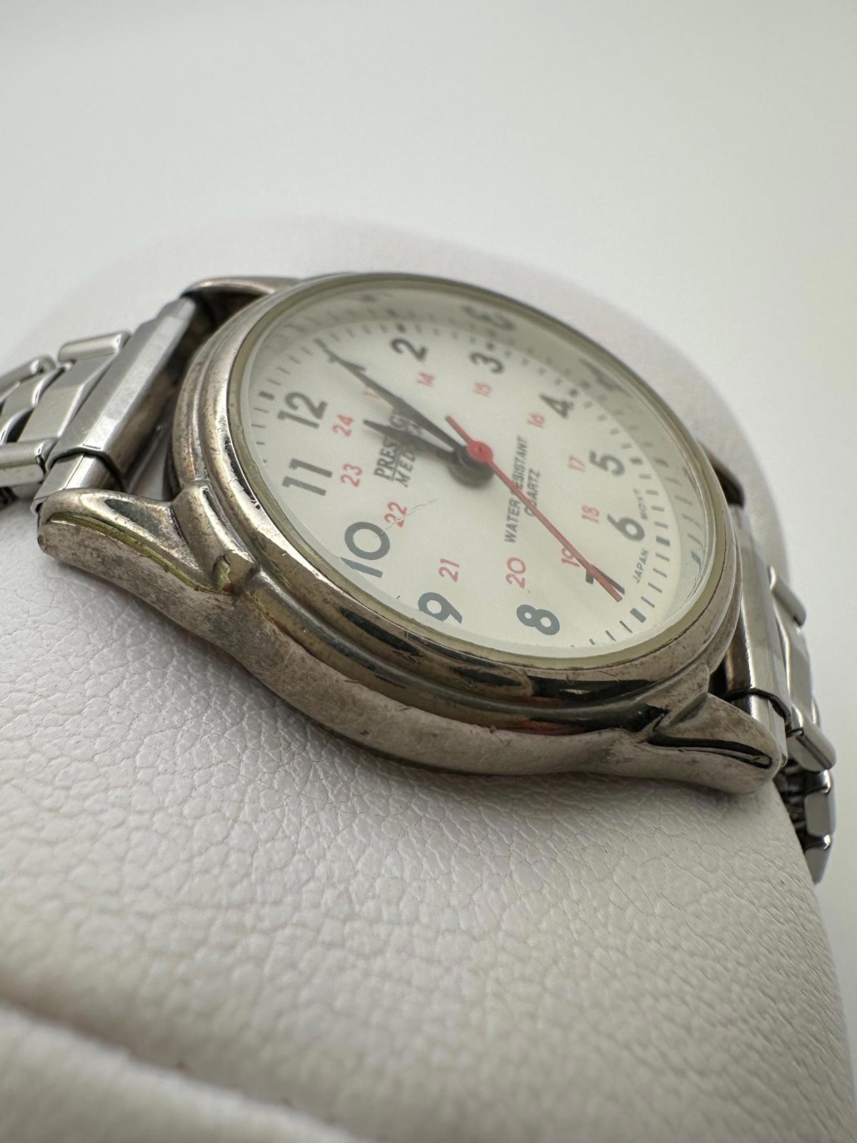 Vintage Prestige Medical Quartz Watch 25.5mm White Dial Steel Stretch Band Japan