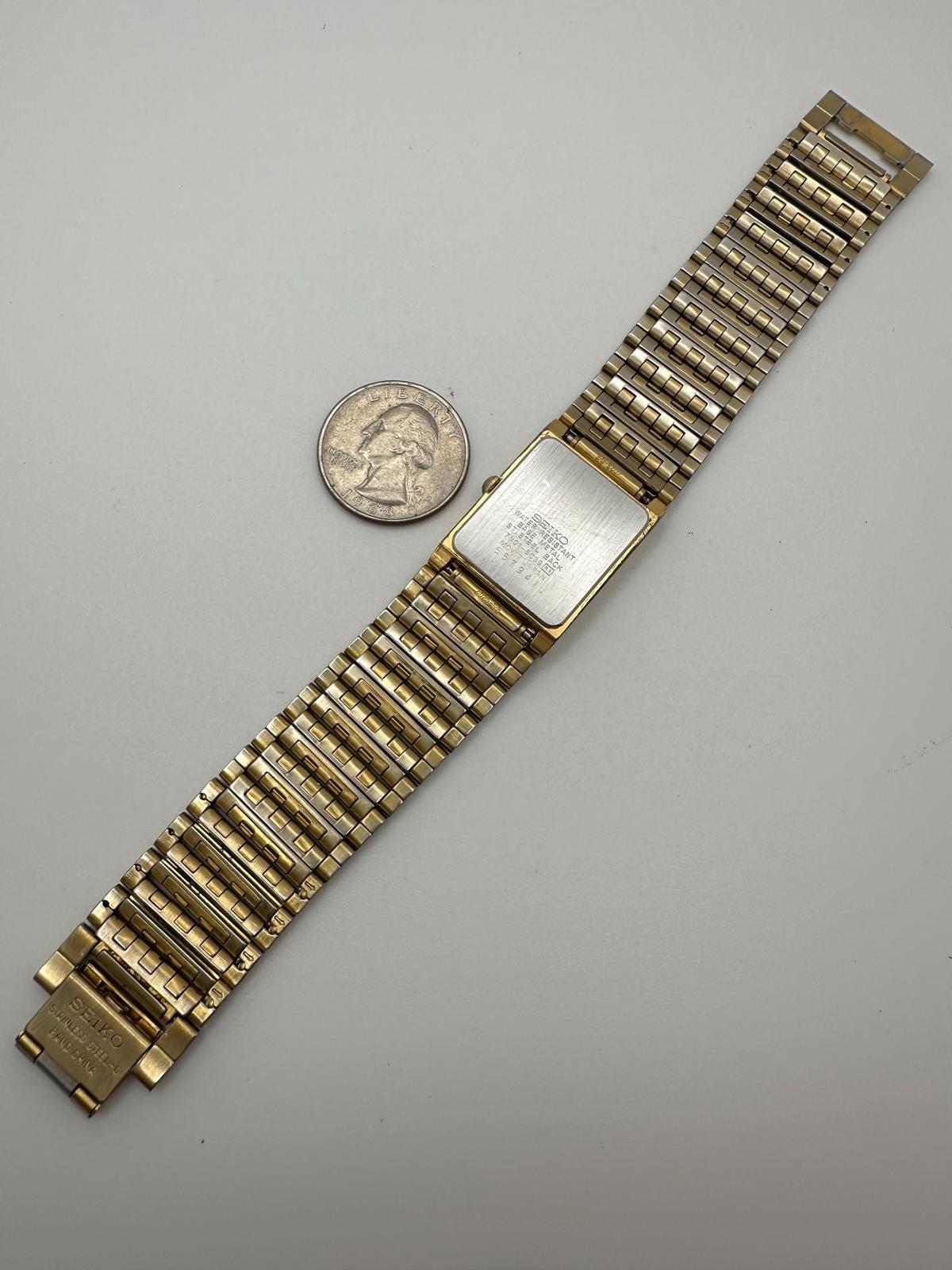Vintage Seiko Quartz Gold Tone Tank Watch – Rectangular Case, 24mm, Fresh Battery, 7N01