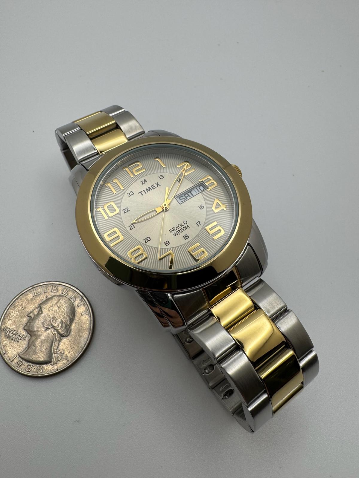 Timex Two-Tone Watch | 39mm, Indiglo, Day-Date, New Battery