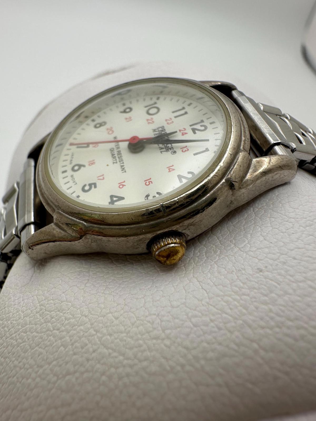 Vintage Prestige Medical Quartz Watch 25.5mm White Dial Steel Stretch Band Japan
