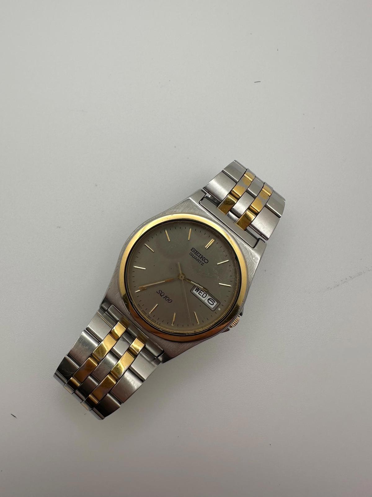 Vintage Seiko SQ100 Two-Tone Watch – 90s Quartz 7N43 Grey Dial Day-Date 35mm