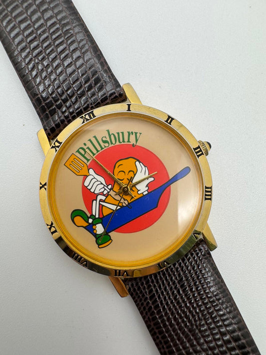 Vintage Pillsbury Promo Watch 33mm Gold Case Japan Quartz Brown Leather Band