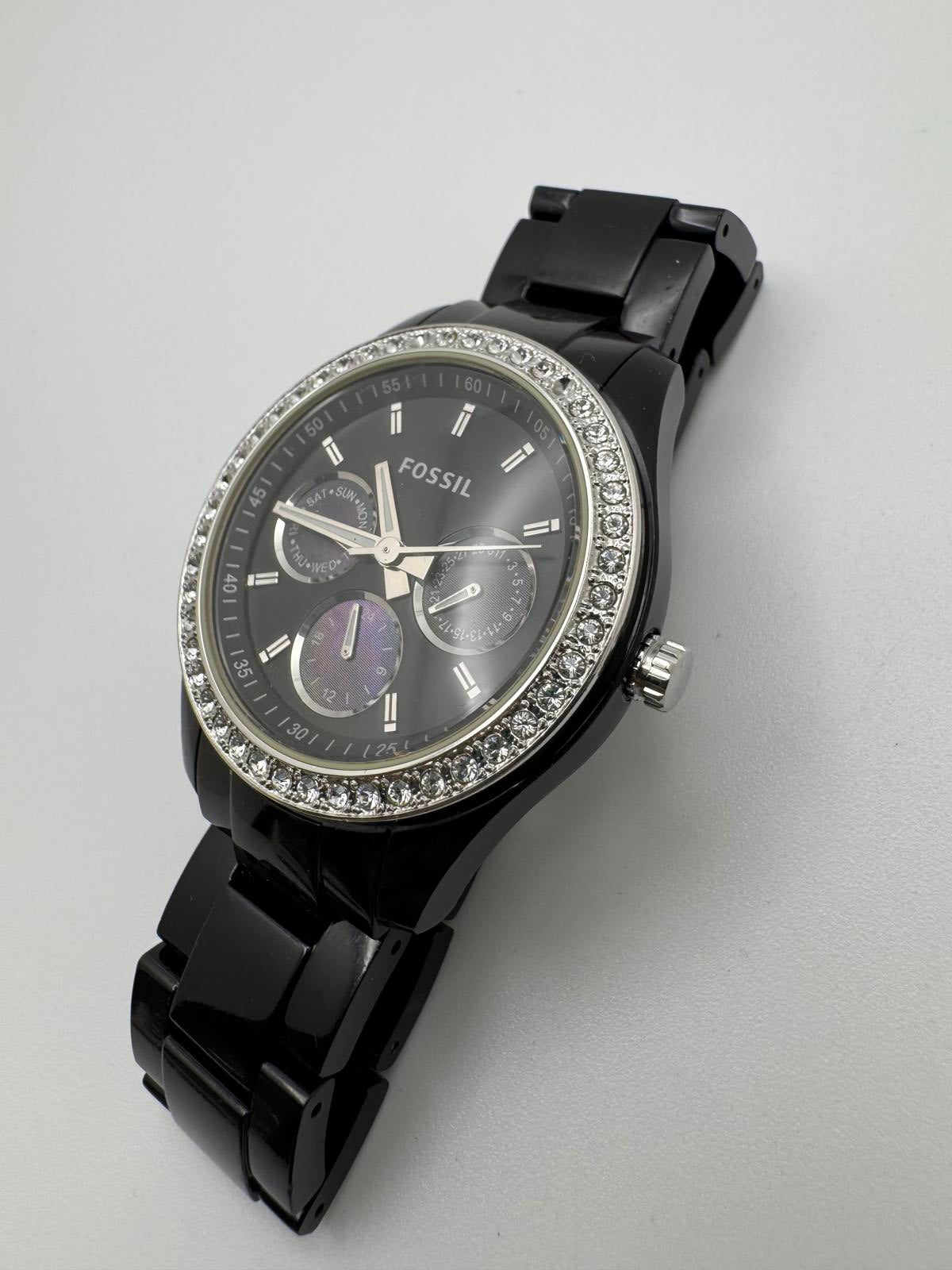 Fossil Black Multifunction Watch with Crystal Bezel – 37mm Quartz