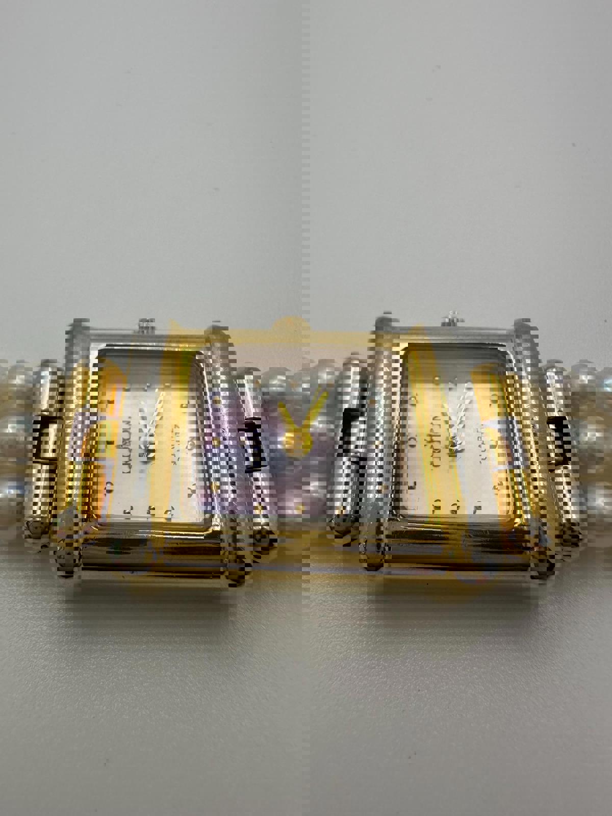 Vintage Croton Women’s Quartz Watch – Mother of Pearl Dial, Gold & Silver Two-Tone Case, Triple-Strand Faux Pearl Bracelet