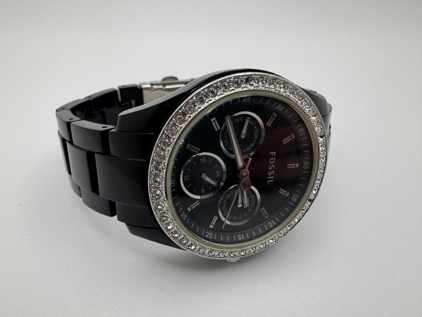Fossil Black Multifunction Watch with Crystal Bezel – 37mm Quartz