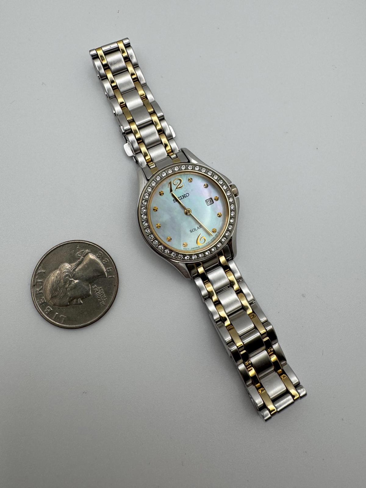 Seiko Women’s Solar Watch – Two-Tone Stainless Steel with Mother of Pearl & Crystal Bezel – 28mm
