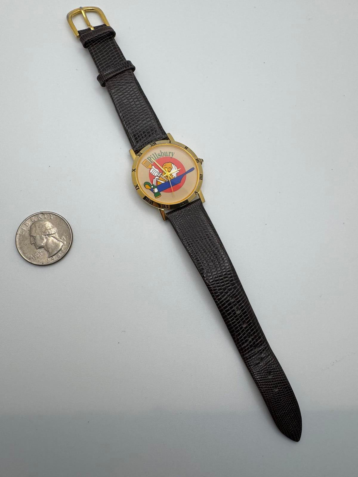 Vintage Pillsbury Promo Watch 33mm Gold Case Japan Quartz Brown Leather Band