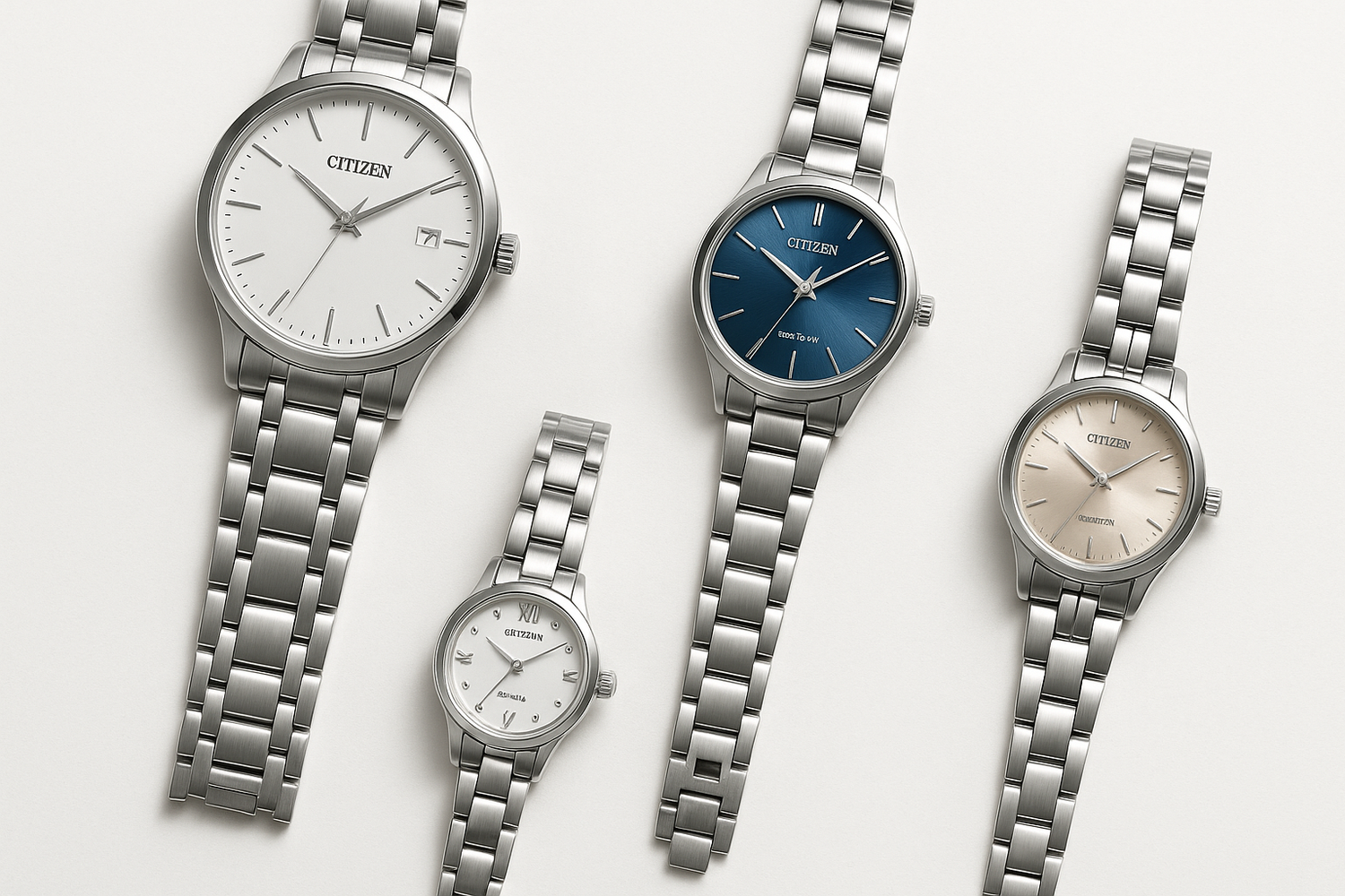 A clean flat lay of Citizen men’s and women’s watches on a minimalist background. Include sleek stainless steel men’s dress watches, smaller women’s quartz designs, and Eco-Drive solar models with sunray dials.