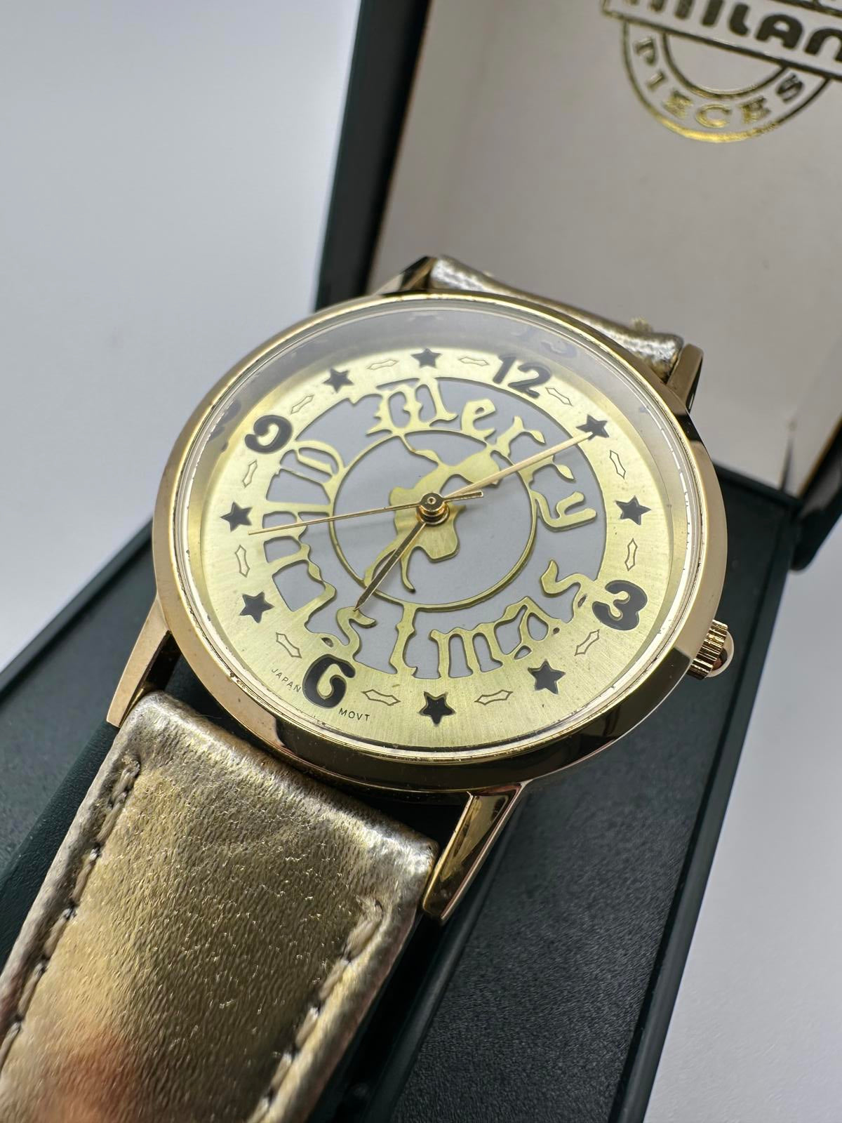 Vintage Milan Gold Tone Watch 33mm Unisex Quartz Holiday Ready "Merry Christmas"