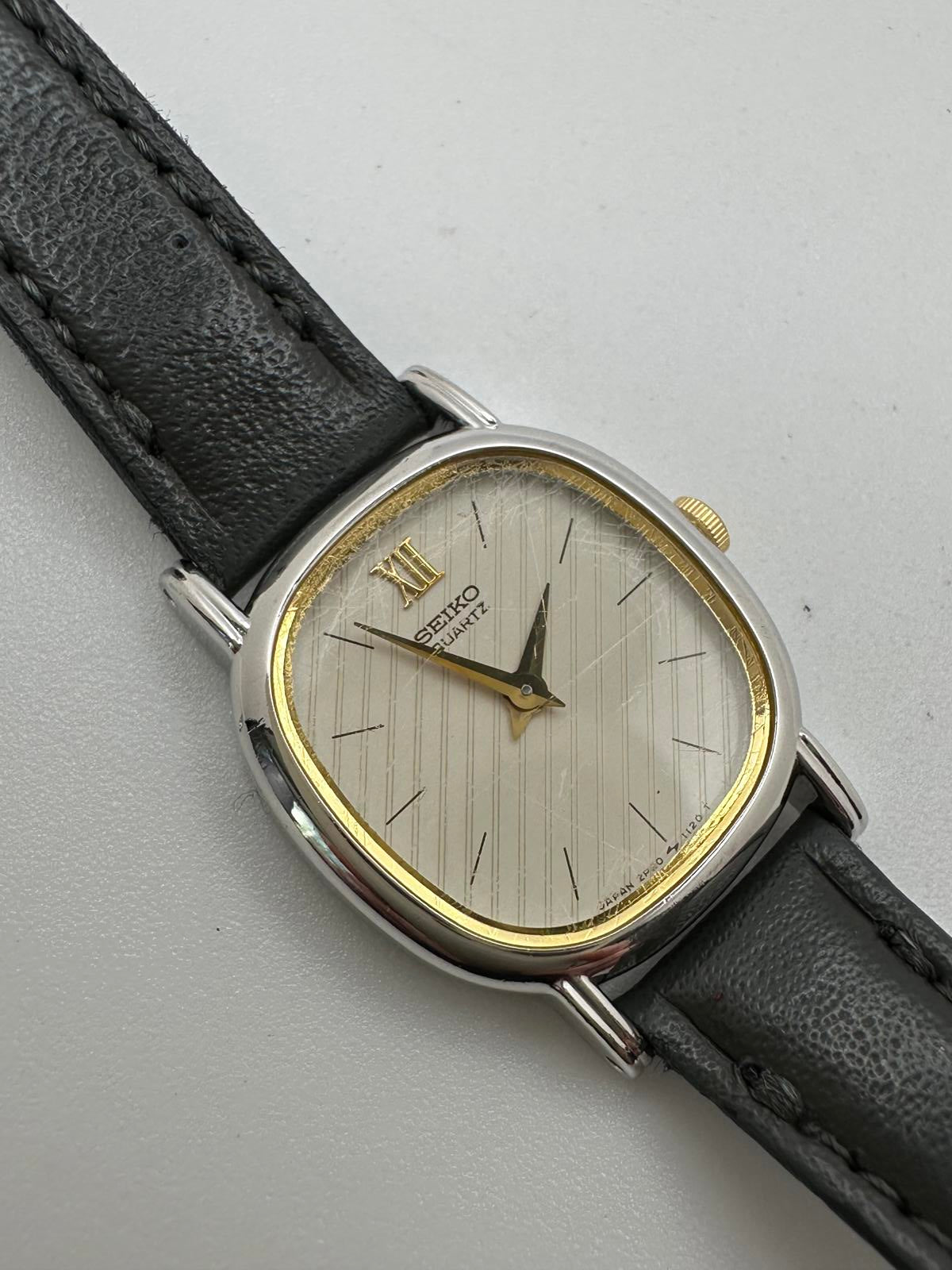 Vintage Seiko Quartz Watch 20mm Cream Dial Gold Accents Genuine Seiko Leather