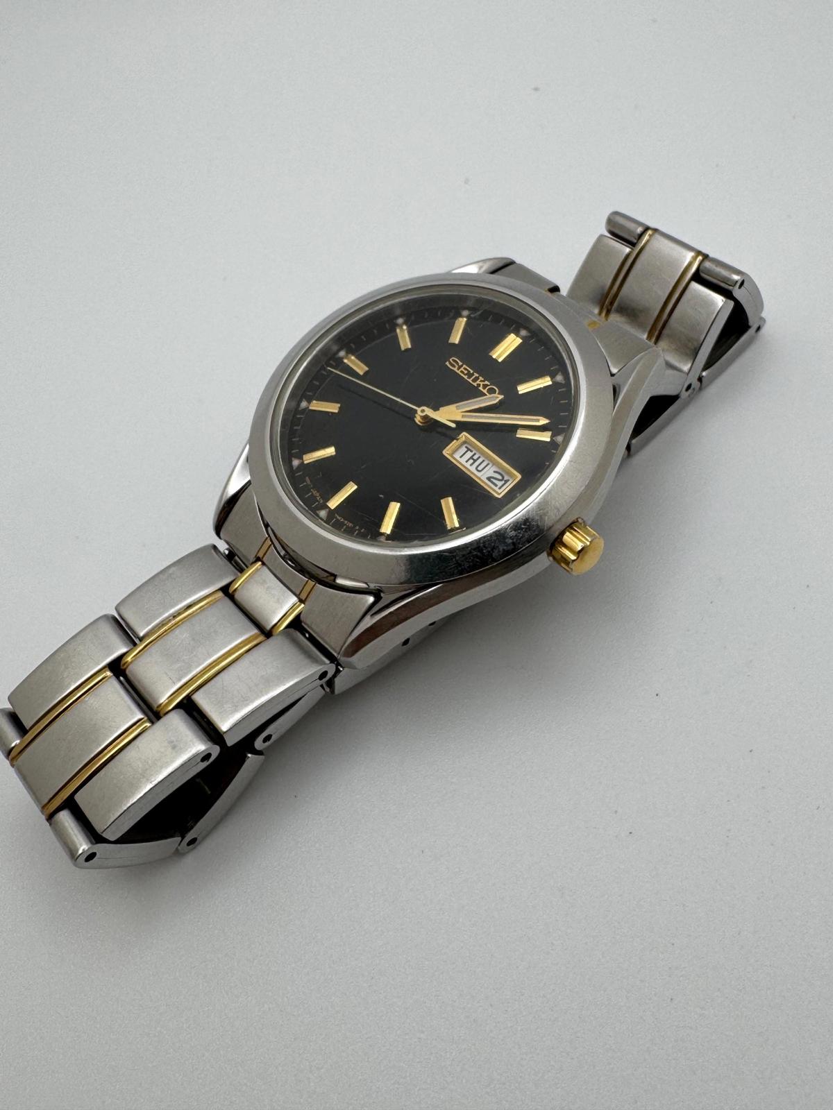 Seiko Quartz 7N43 Two-Tone Day-Date, 36mm Black Dial, New Battery, Japan Movement, Men’s Stainless Bracelet