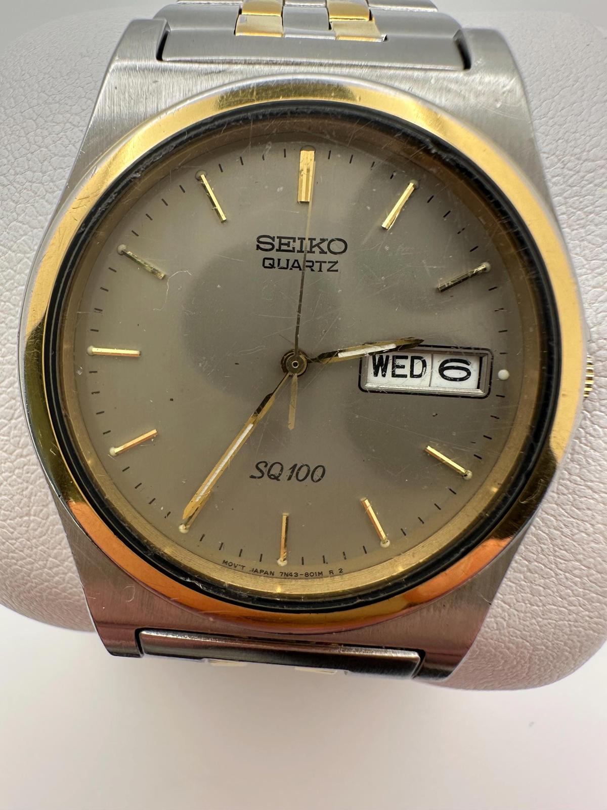Vintage Seiko SQ100 Two-Tone Watch – 90s Quartz 7N43 Grey Dial Day-Date 35mm
