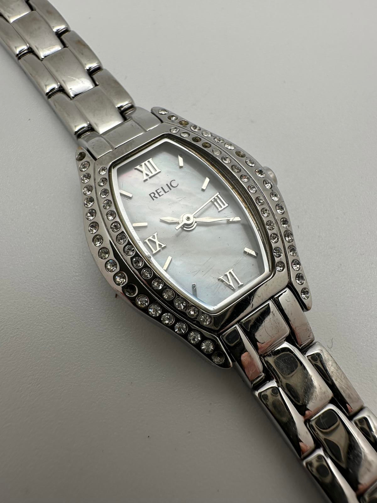 Relic Women’s Silver Crystal Quartz Watch Mother of Pearl Dial | New Battery