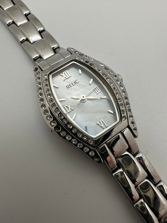 Relic Women’s Silver Crystal Quartz Watch Mother of Pearl Dial | New Battery