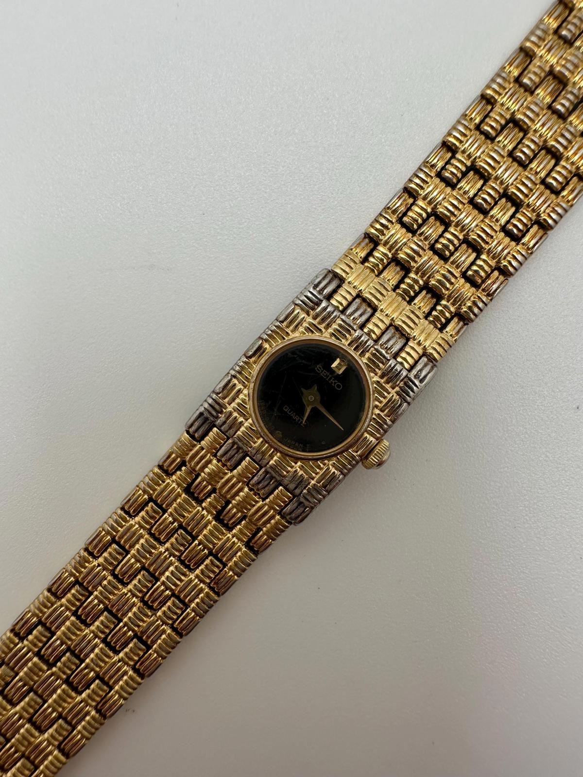 80s-90s Seiko Quartz 1E20 Women’s Gold Bracelet Watch Black Dial New Battery