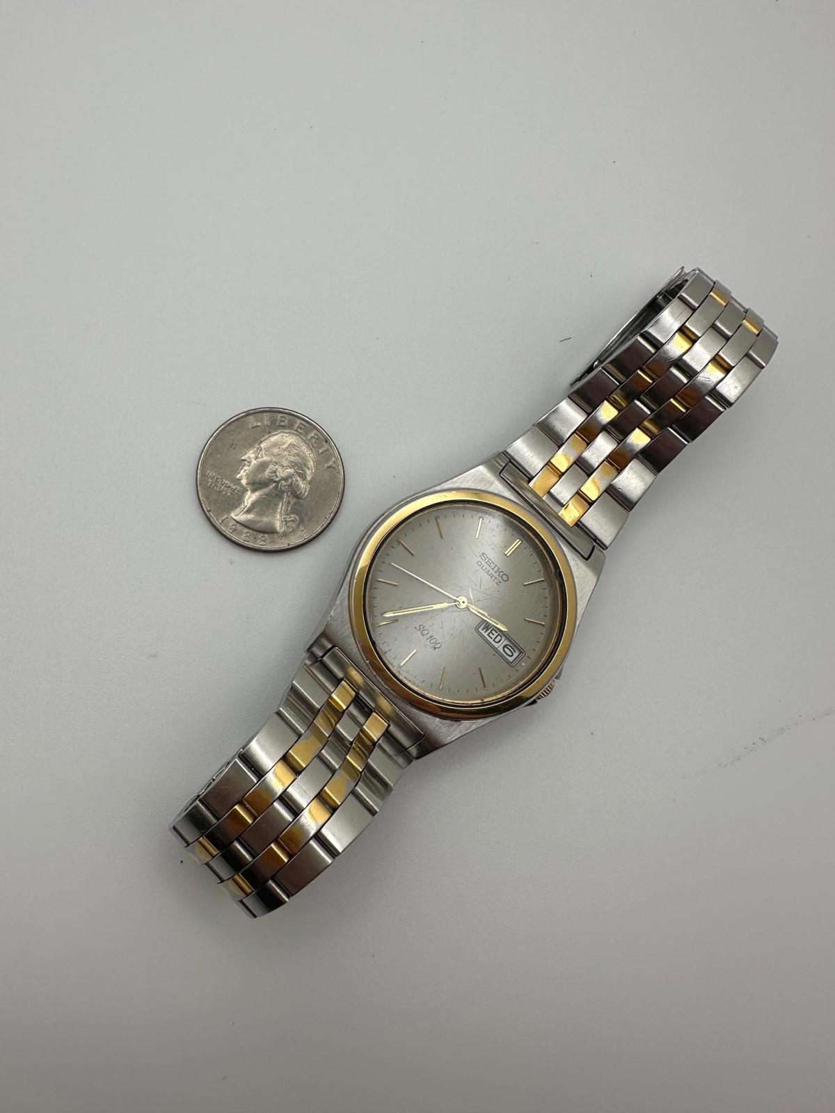 Vintage Seiko SQ100 Two-Tone Watch – 90s Quartz 7N43 Grey Dial Day-Date 35mm