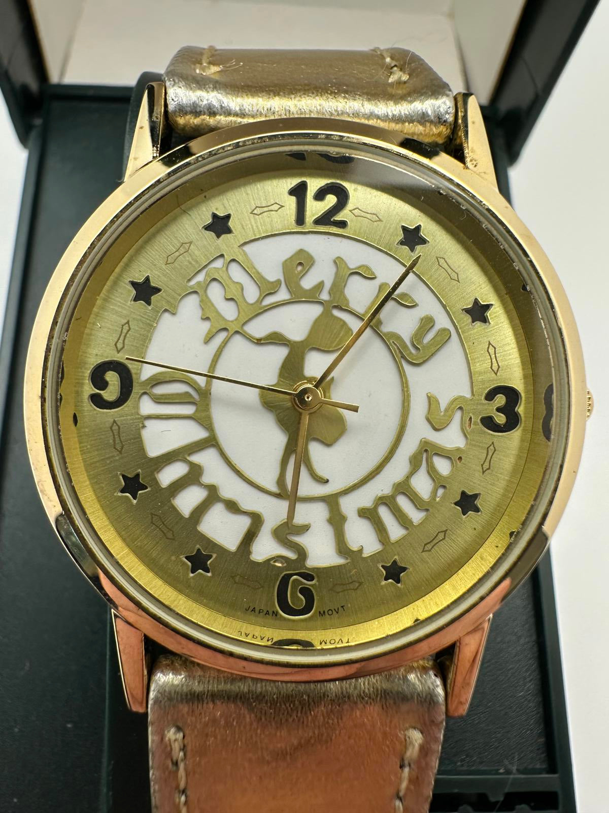 Vintage Milan Gold Tone Watch 33mm Unisex Quartz Holiday Ready "Merry Christmas"
